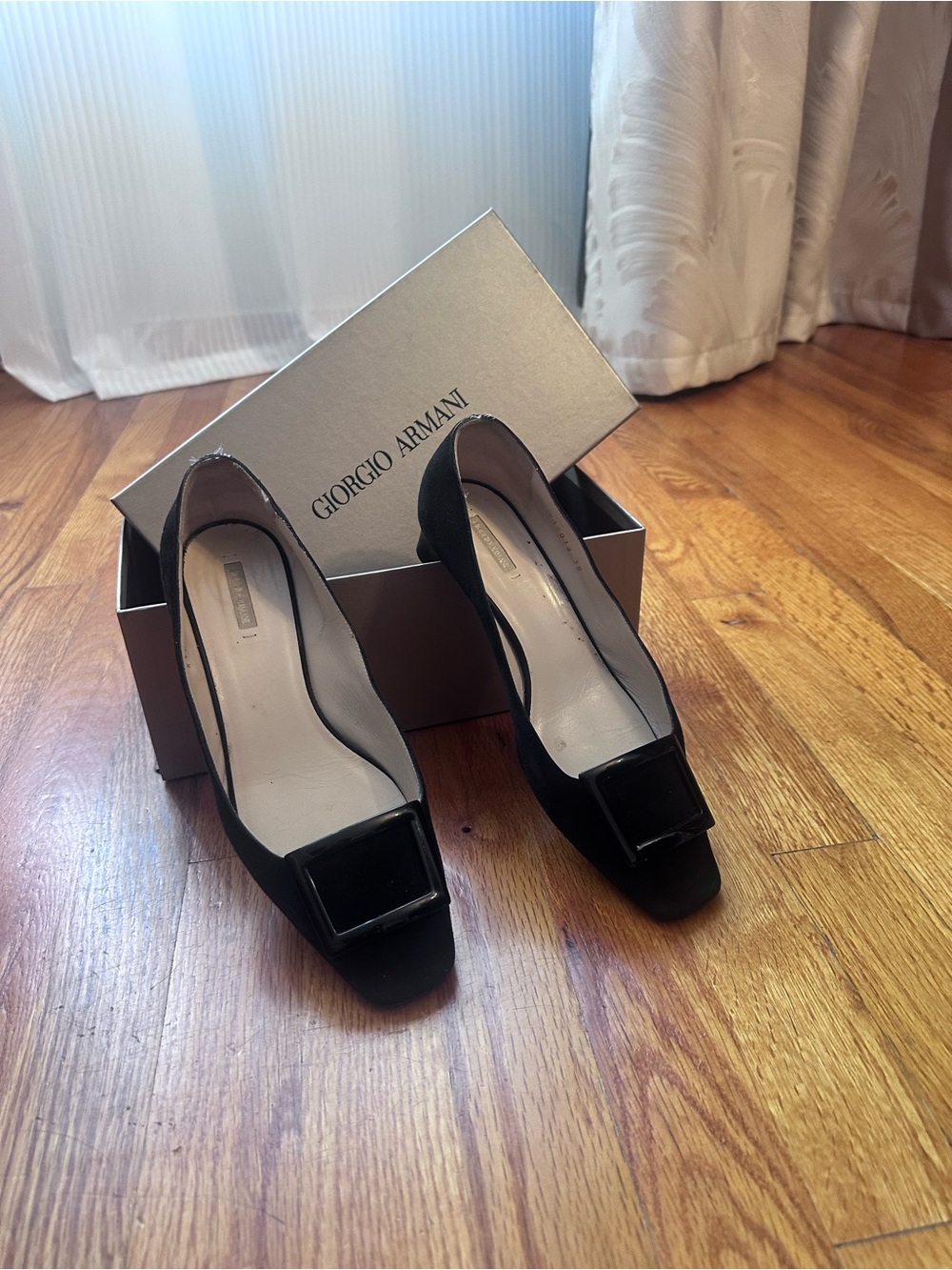GIORGIO ARMANI Black Suede Patent Buckle Low Block Heel Pumps EU 38